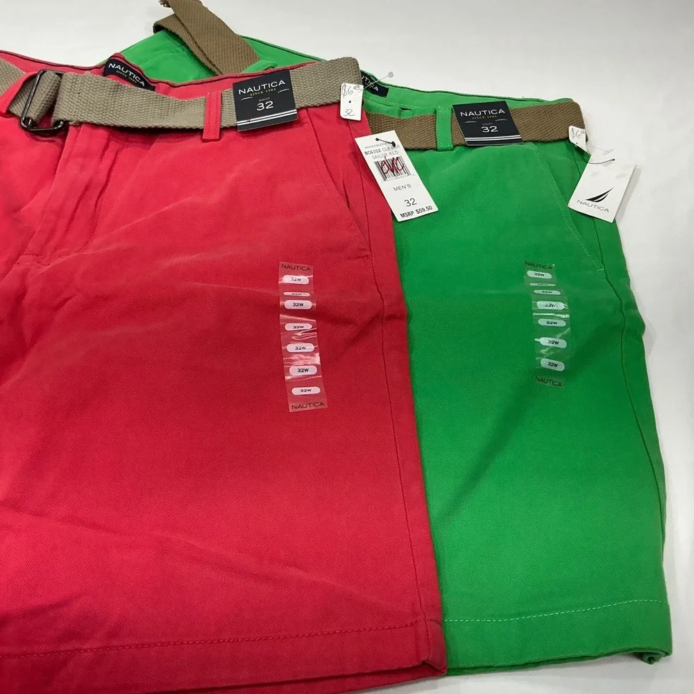 Nautica Mens 32 Chino Shorts 2 Pack Red Green Belted Flat Front BC6102 NEW